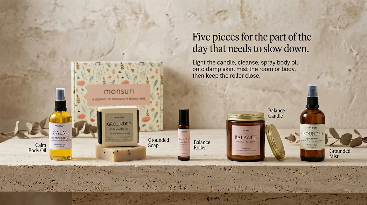 Five pieces for the part of the day that needs to slow down - light the candle, cleanse, spray body oil onto damp skin, mist the room or body, then keep the roller close