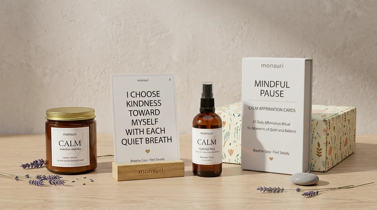 The Mindful Pause relaxation set laid across a pale table - the CALM candle, an affirmation card in its wooden stand, the CALM hydrosol mist, the MINDFUL PAUSE deck and the botanical gift box with dried lavender