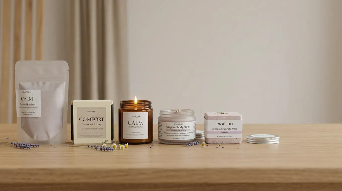 The five pieces of Mom's Wind-Down Ritual lined up along a wooden ledge: the lavender bath soak pouch, the oatmeal milk and honey soap, the lit CALM candle, the lavender whipped body butter and the lavender bath bomb, with sprigs of dried lavender.