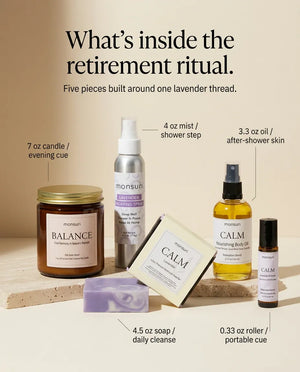 What's inside the retirement ritual - five pieces built around one lavender thread: a 7 oz candle for the evening cue, a 4 oz mist for the shower step, 3.3 oz body oil for after-shower skin, a 4.5 oz soap for the daily cleanse and a 0.33 oz roller as a portable cue
