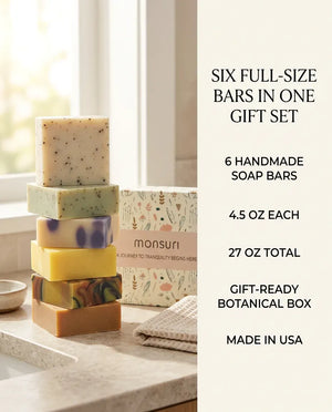 Six full-size 4.5oz bars, 27oz total, gift-ready in one Rise & Recover handmade soap set made in the USA.