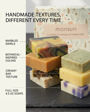 Handmade textures, different every time — marbled swirls and botanical colors across the Rise & Recover full-size soap bars.