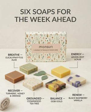 What's in the Rise & Recover set: six soaps for the week ahead — Breathe, Energy, Recover, Grounded, Balance, and Renew bars.