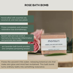 Rose bath bomb with real rose petals not artificial substitutes releasing into mineral-rich dead sea water transforming ordinary tub into luxury spa sanctuary