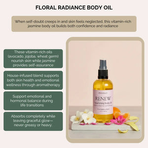 Floral radiance body oil with jojoba sunflower apricot oils absorbing completely leaving luminous finish never greasy - premium quality she deserves but rarely indulges in