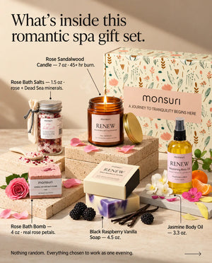 What is inside this romantic spa gift set - rose sandalwood candle 7 oz with about 45 hours of burn time, rose bath salts 1.5 oz with Dead Sea minerals, rose bath bomb 4 oz with real rose petals, black raspberry vanilla soap 4.5 oz and jasmine body oil 3.3 oz