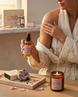 Woman in a linen robe smoothing RENEW nourishing body oil in the floral radiance blend onto her shoulder after a bath, with the black raspberry vanilla soap bar and lit rose sandalwood candle on the counter