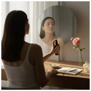 Woman applying floral hydrosol room spray in elegant bedroom for natural fragrance