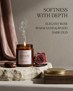 Monsuri RENEW rose sandalwood candle lit beside a rose and draped curtain, captioned 'Softness with Depth' — elegant rose, warm sandalwood, dark oud.