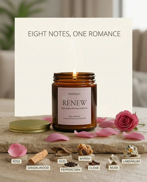 Monsuri RENEW candle 'Eight Notes, One Romance' card labeling rose, sandalwood, oud, peppercorn, myrrh, clove, musk, and labdanum.