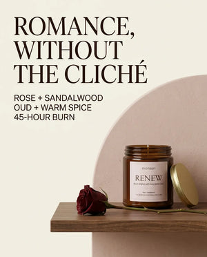 Monsuri RENEW candle card 'Romance, Without the Cliché' listing rose + sandalwood, oud + warm spice, and a 45-hour burn time.