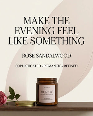 Monsuri RENEW rose sandalwood candle card reading 'Make the Evening Feel Like Something' — sophisticated, romantic, refined.