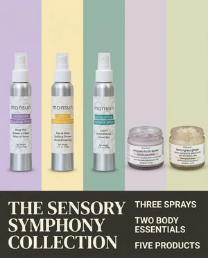 The Monsuri Sensory Symphony Collection: three sprays, two body essentials, five products, shown together.