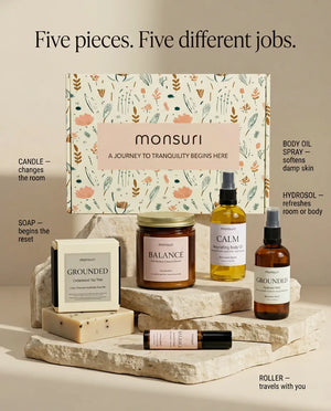 Five pieces, five different jobs - the candle changes the room, the soap begins the reset, the body oil softens damp skin, the hydrosol refreshes room or body and the roller travels with you