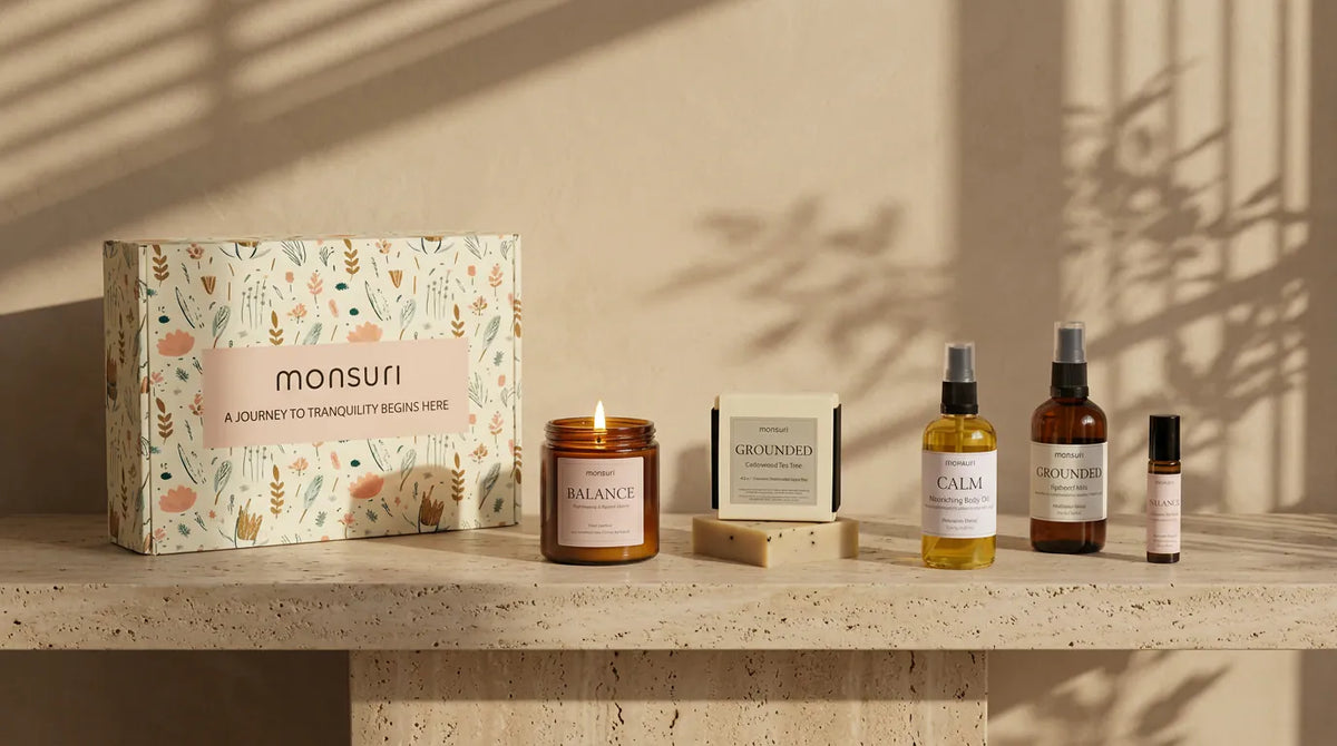The Stress-Less Sanctuary set lined along a travertine ledge with the botanical gift box - candle, soap, body oil, hydrosol mist and roller