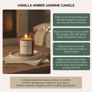 Vanilla amber jasmine comfort candle burning in amber glass jar creating cozy atmosphere with house-infused botanical oils for 40+ hours