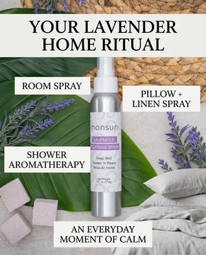 Monsuri lavender spray infographic showing four home uses: room spray, pillow and linen spray, shower aromatherapy, and an everyday moment of calm.