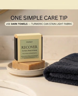 Care tip for Turmeric Honey & Orange soap: use dark towels as turmeric can stain light fabric