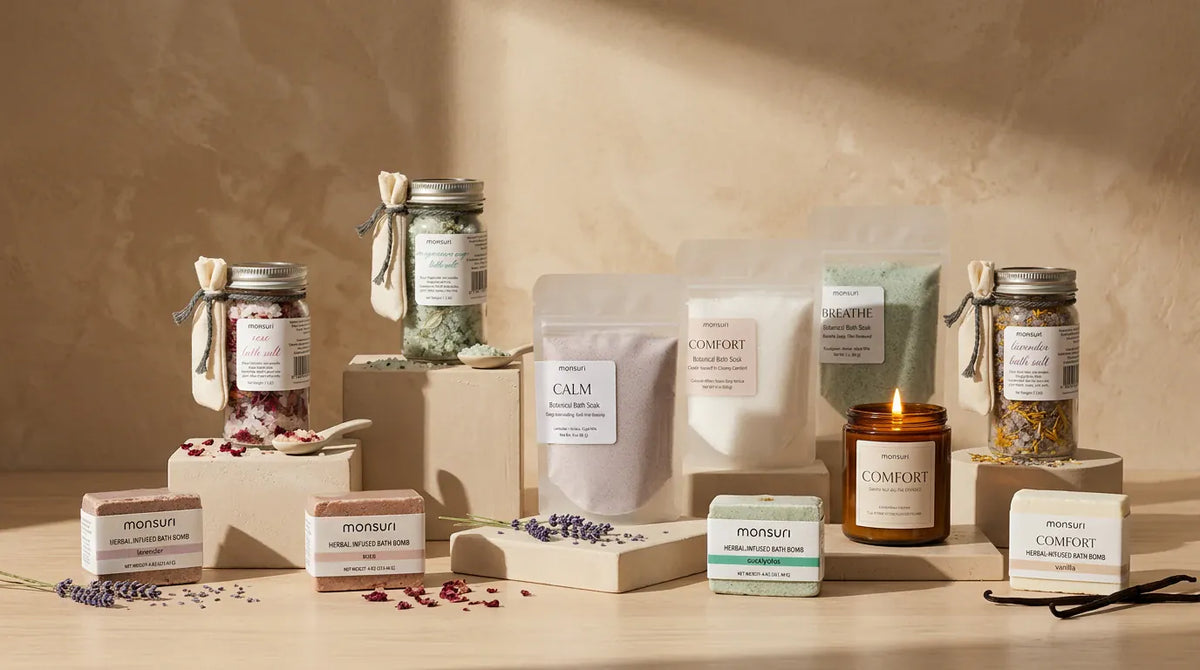 The Ultimate Bath Gift Set arranged on stone plinths in sunlight, the candle lit, with bath salts, soaks and bath bombs around it