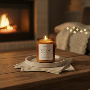 Warm vanilla jasmine candle on wooden table by fireplace creating cozy home atmosphere and comfort