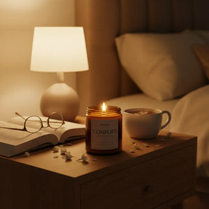 Comfort aromatherapy candle burning softly on nightstand with warm light for evening relaxation ritual
