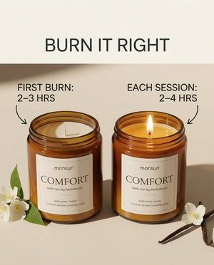 Infographic reading 'Burn It Right' comparing a 2-3 hour first burn to a 2-4 hour typical burn session on the Monsuri COMFORT candle.