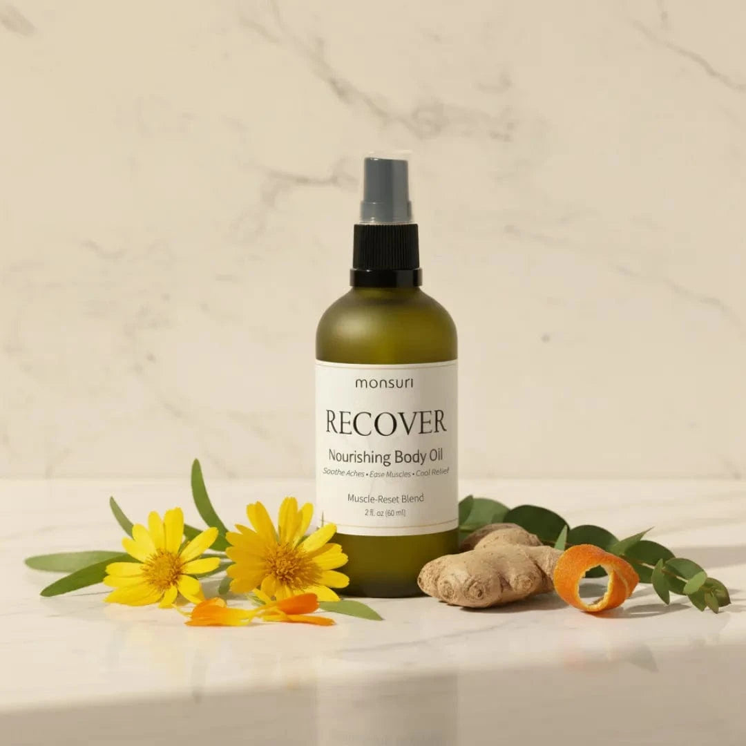 Warm-to-cool muscle relief oil with spa-quality aromatherapy and house-infused arnica flowers