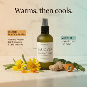 Organic arnica body oil ingredients — arnica, St. John's wort, comfrey, calendula and menthol in Monsuri RECOVER
