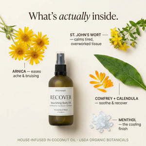 Monsuri RECOVER arnica muscle recovery oil that warms with ginger and black pepper then cools with menthol