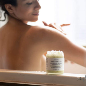 Foot scrub with Monsuri's Lemongrass Ginger Sugar Scrub for softer, smoother feet