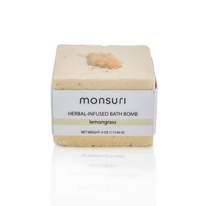 Refreshing Lemongrass Bath Bomb by Monsuri against a bright white background.