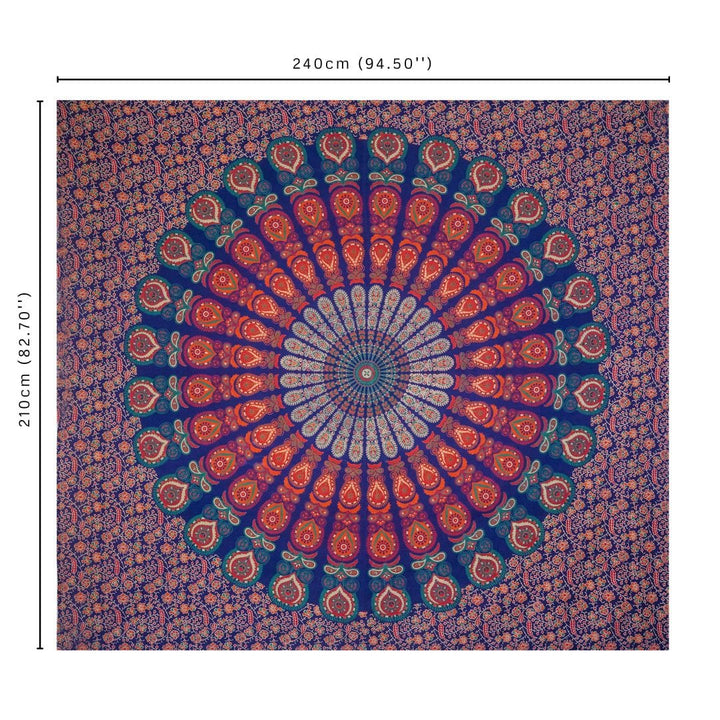 Red and blue mandala tapestry folded to show the full circular design