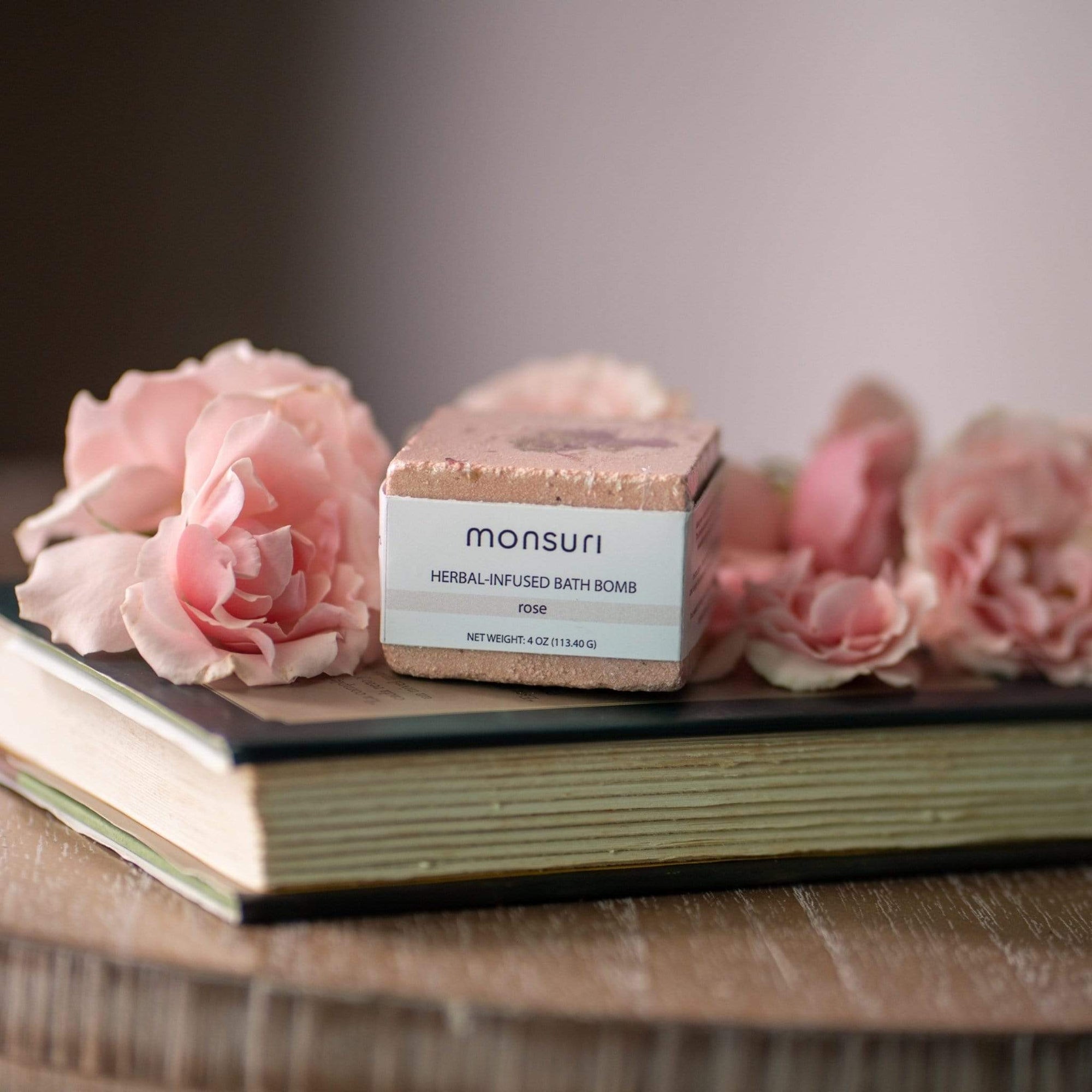 Monsuri's Rose Bath Bomb, an indulgent blend of organic ingredients for ultimate self-care.