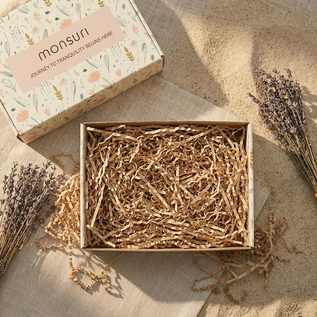 The Monsuri botanical kraft keepsake box on linen
