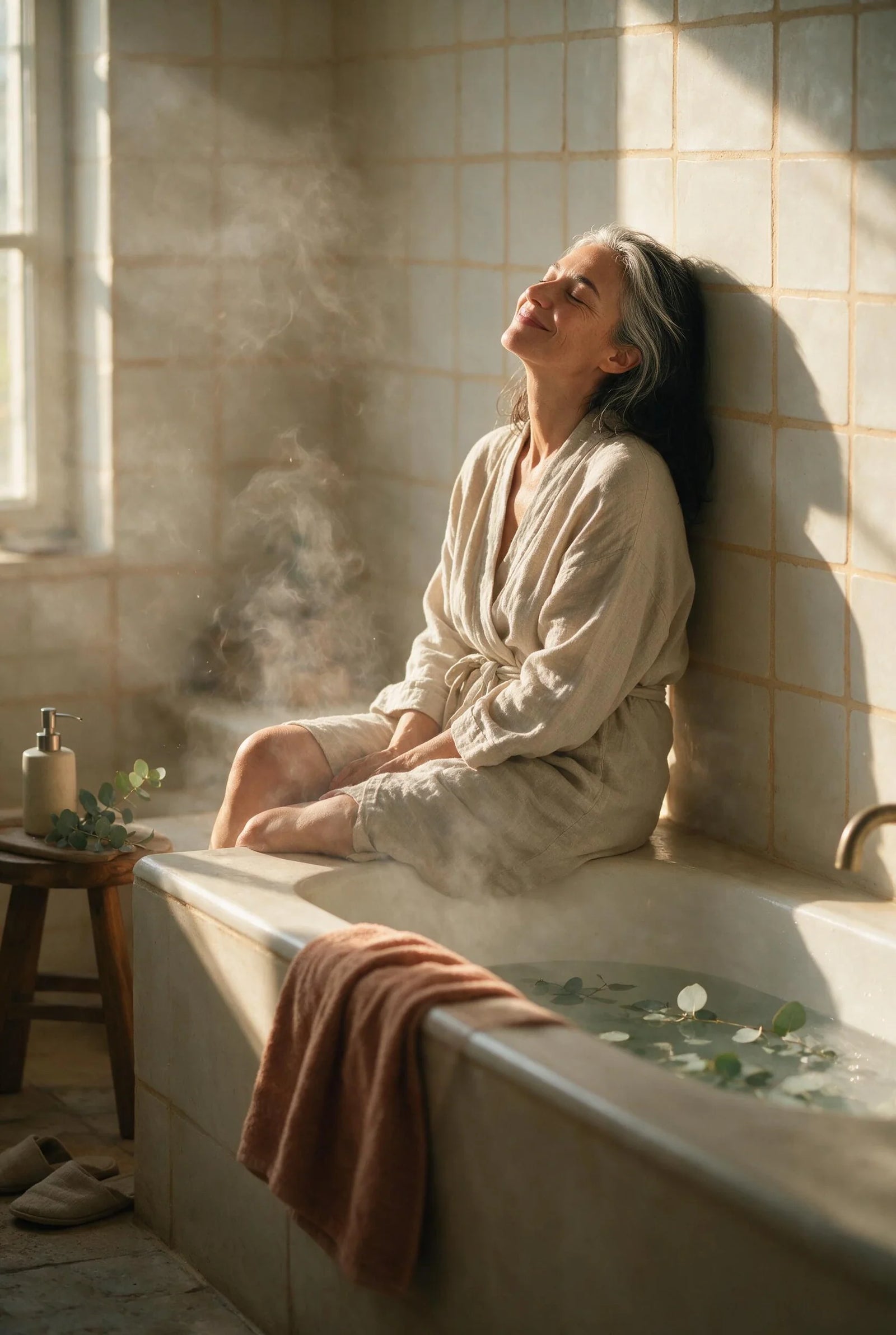 50th birthday gift ideas — a woman in her early fifties with silver-threaded hair sits on the edge of a steaming bath in a linen robe, head tipped back against the tile with her eyes closed and a private half-smile.