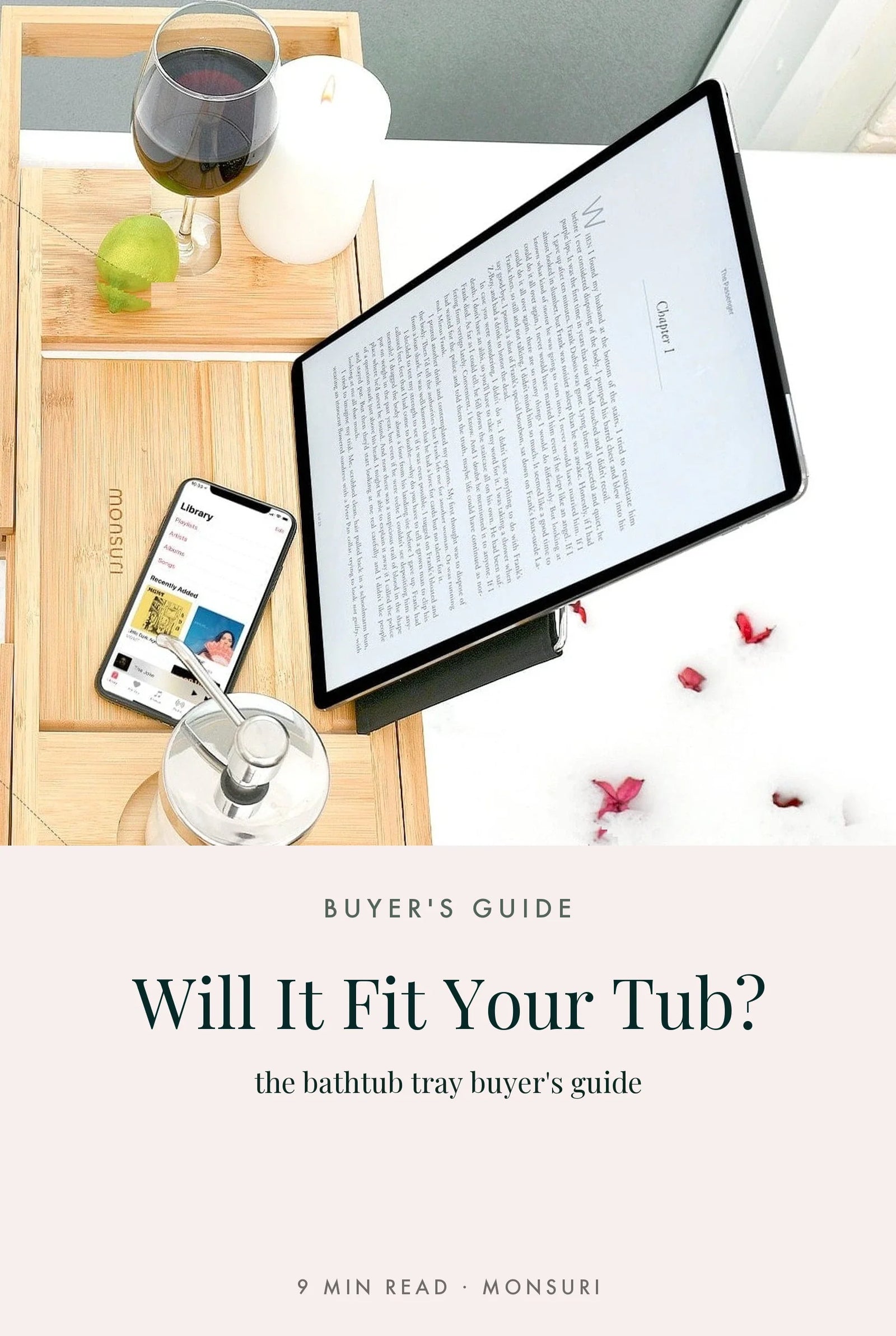 Editorial cover for the bathtub tray buyer's guide — a top-down view of the Monsuri bamboo bath tray with wine, tablet and phone above a pale pink panel reading Will It Fit Your Tub?