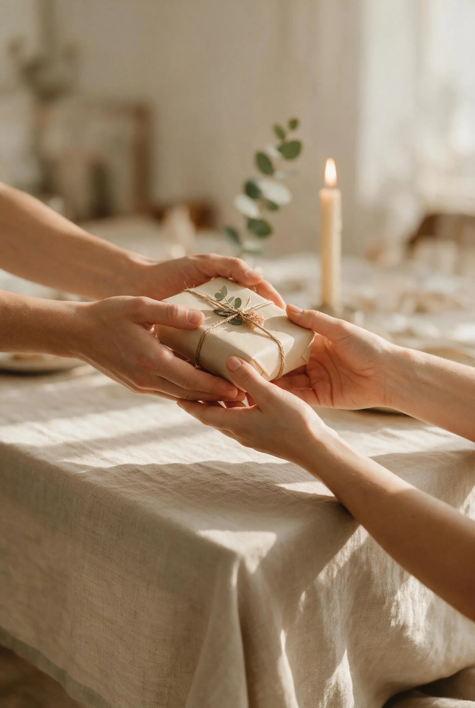 Birthday gifts for her — a close crop of two pairs of hands passing a small kraft-wrapped gift box tied with twine and a eucalyptus sprig across a linen table, a lit taper candle behind.