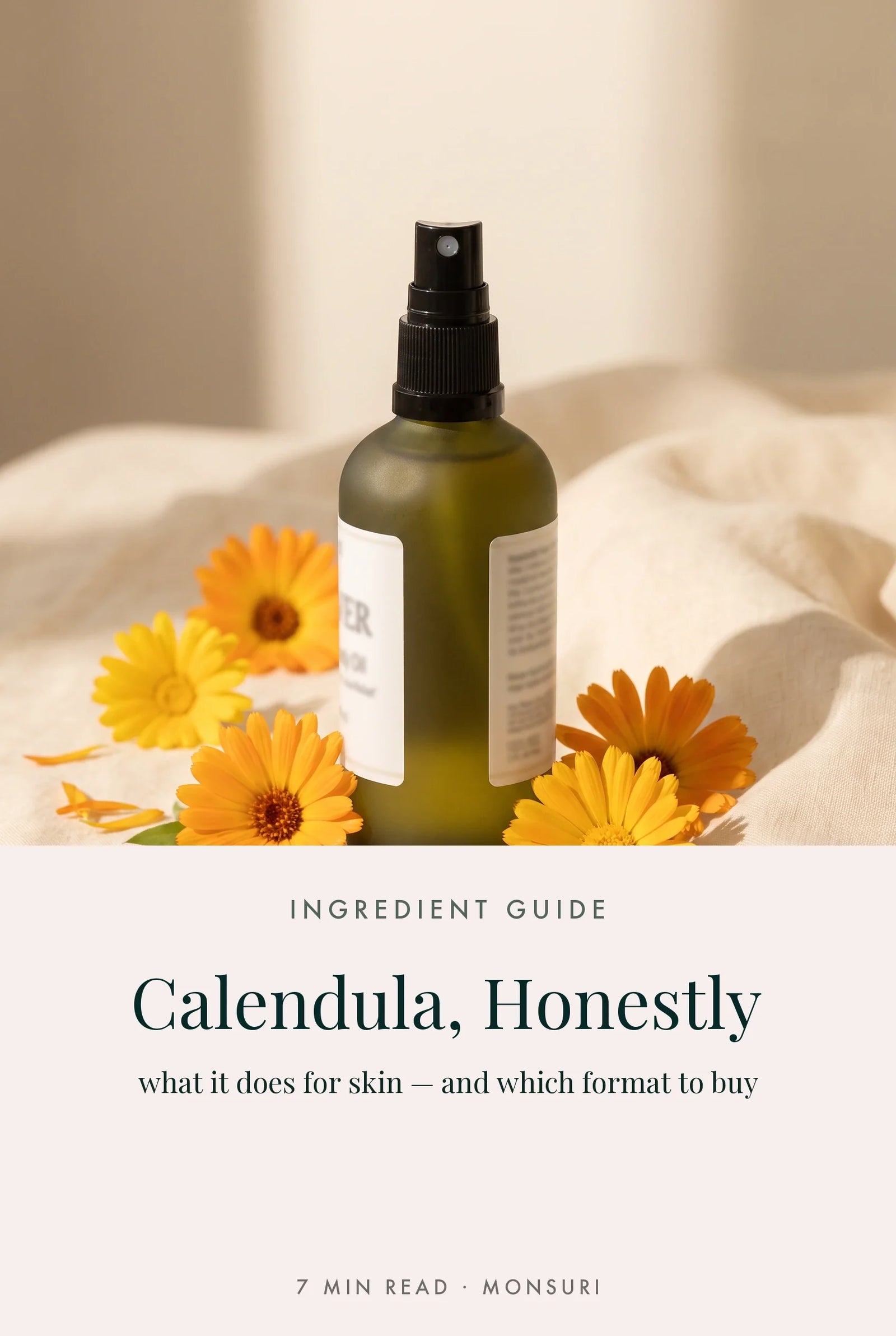 Editorial cover — the olive-green Monsuri Recover body oil among fresh calendula flowers above a pale panel reading Calendula, Honestly