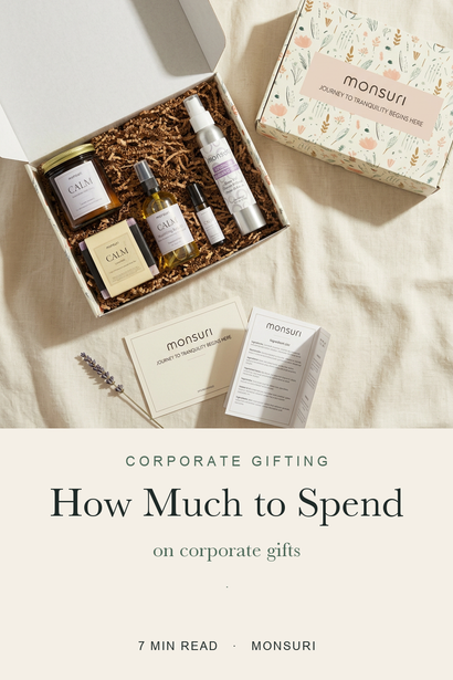 How much to spend on corporate gifts — Monsuri editorial cover: a botanical gift box above the guide title, by recipient.