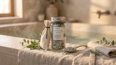 Steam rising off a warm bath with Monsuri Magnesium & Sage Bath Salts on a bath tray — a hot bath to soothe sore, tight muscles.