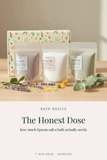Editorial cover — the Monsuri botanical bath soak trio with its gift box above a pale panel reading The Honest Dose, how much Epsom salt a bath actually needs