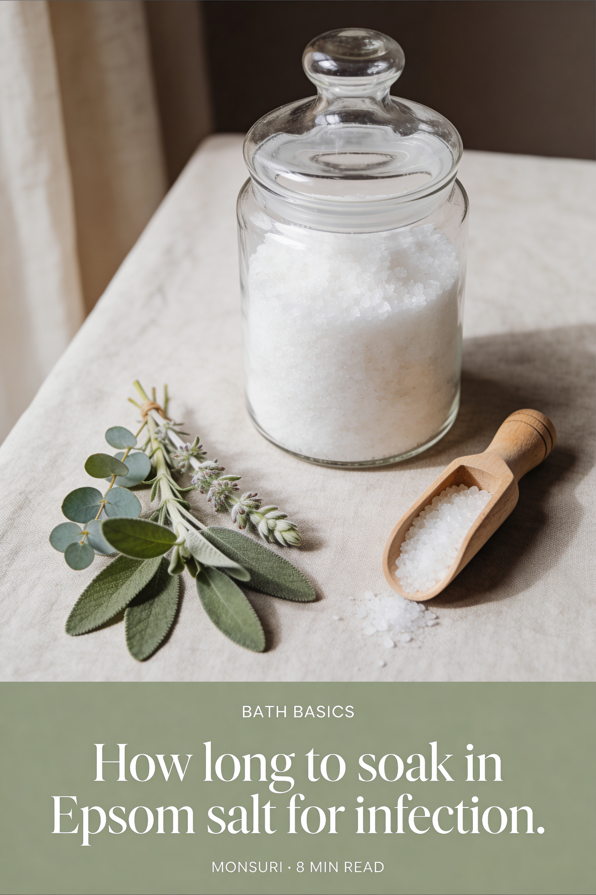 How long to soak in Epsom salt for infection — editorial magazine cover with a clear glass jar of Epsom salt, wooden scoop, sage and eucalyptus on linen, with the article title and BATH BASICS eyebrow on a sage-green band below.
