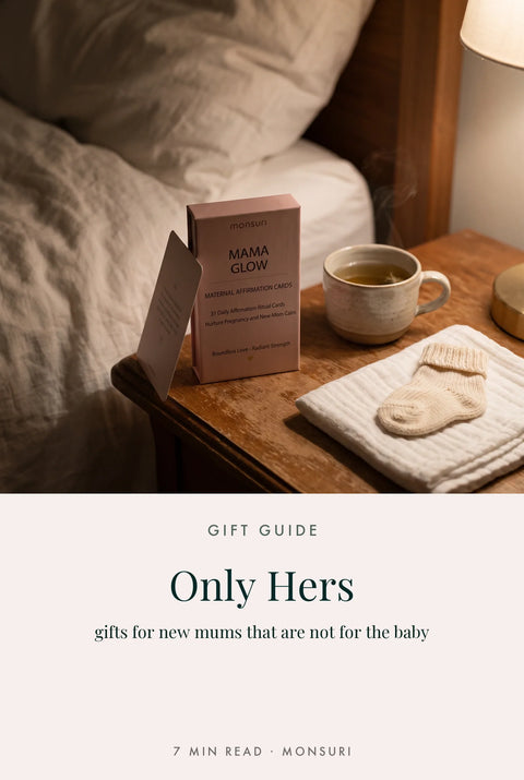 Only Hers — gift guide for new moms: Mama Glow affirmation cards on a nightstand at lamp light