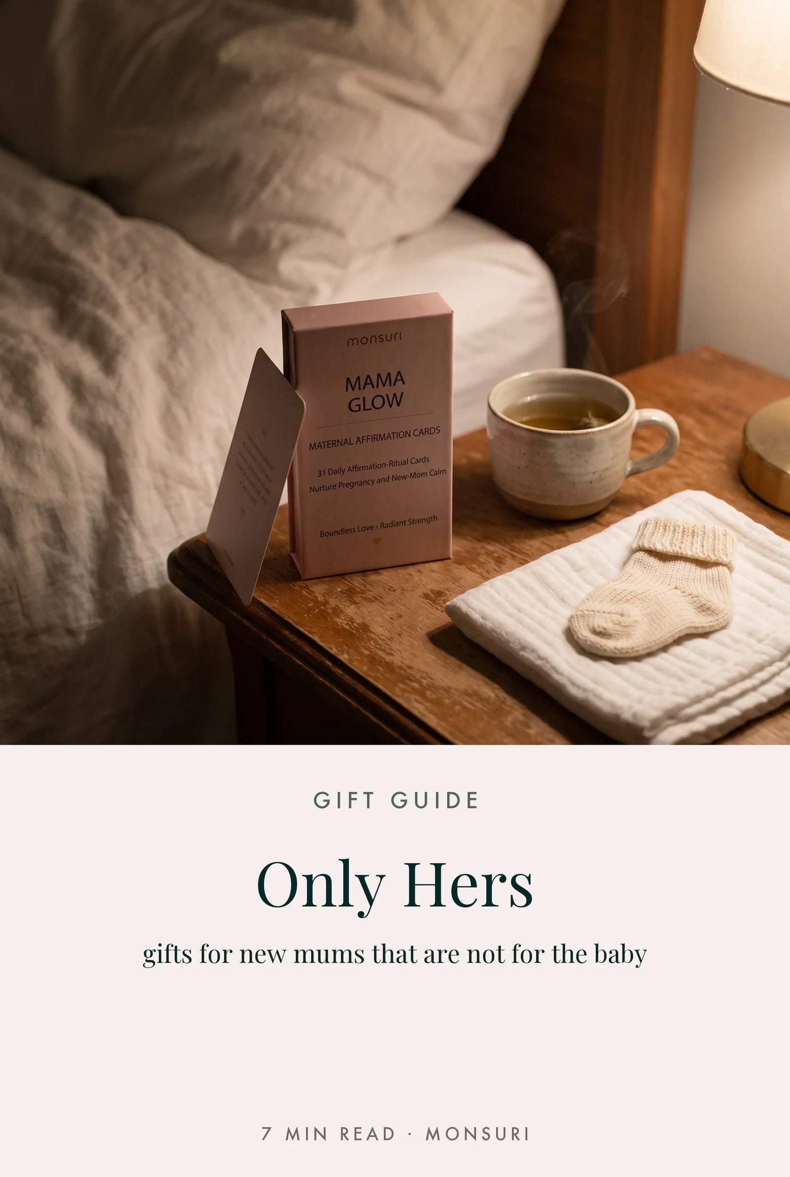 Only Hers — gift guide for new moms: Mama Glow affirmation cards on a nightstand at lamp light