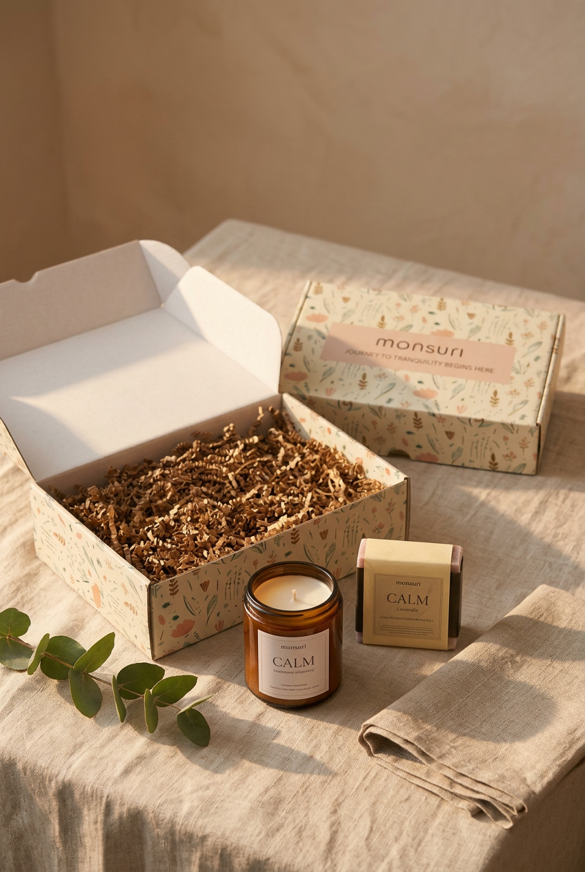An open Monsuri botanical gift box with a candle, soap, and eucalyptus styled on linen — the cover for gifts for women in their 30s, a self-care gift guide.