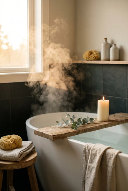 Editorial scene of a steaming warm bath with a wooden tray, candle and eucalyptus — guide to the ideal bath temperature for relaxation.