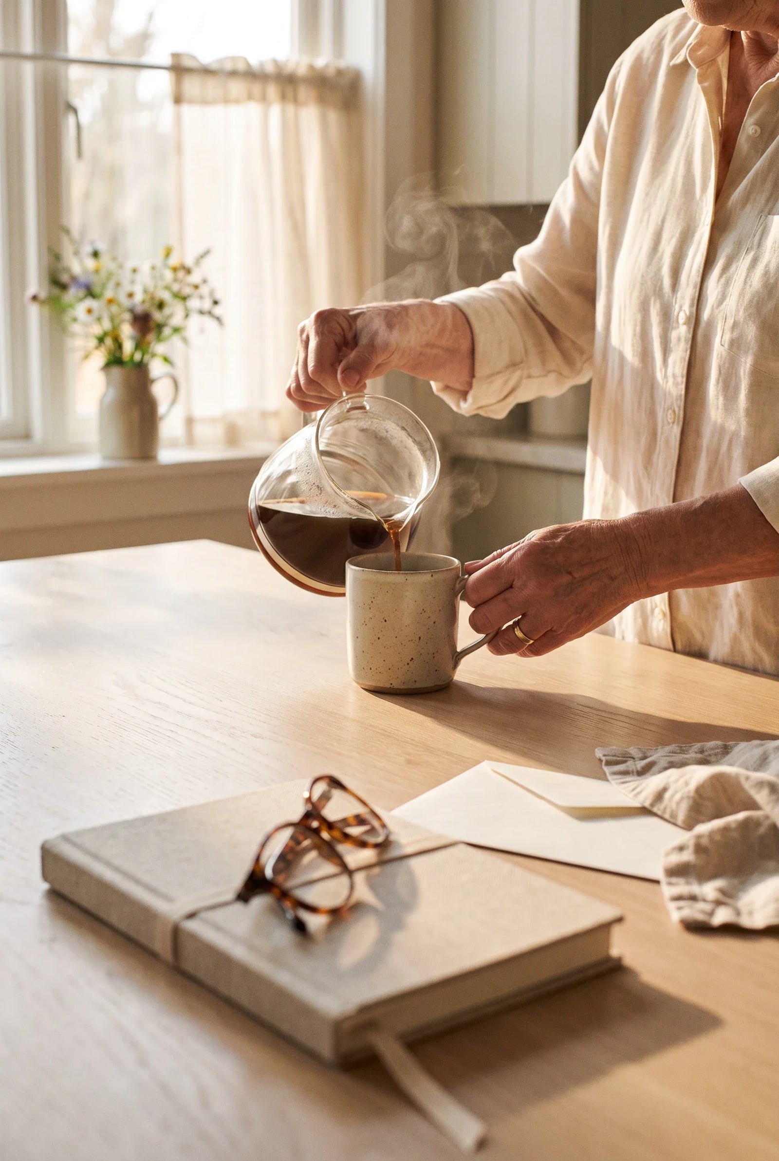 Retirement gifts for the first slow weeks: an older woman's hands pouring coffee into a speckled stoneware mug at a sunlit kitchen table, a closed linen notebook, reading glasses and a sealed card in the foreground.
