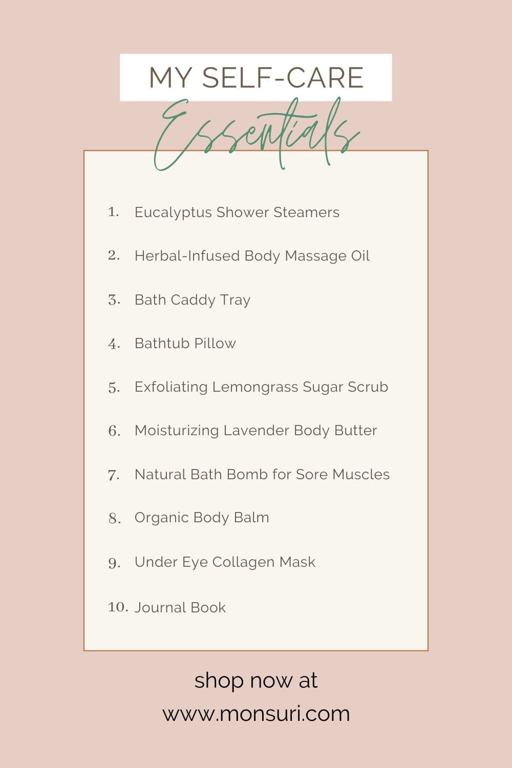 Self-care routine essentials — a bath tray, candle and body care styled together, the cover for 10 self-care routine ideas for a balanced life.