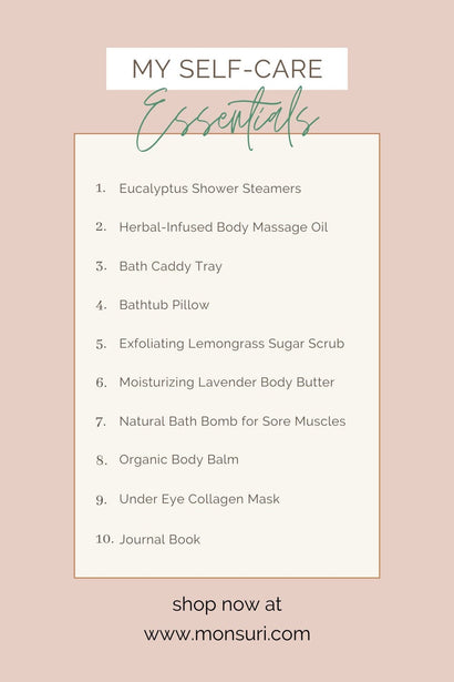 Self-care routine essentials — a bath tray, candle and body care styled together, the cover for 10 self-care routine ideas for a balanced life.