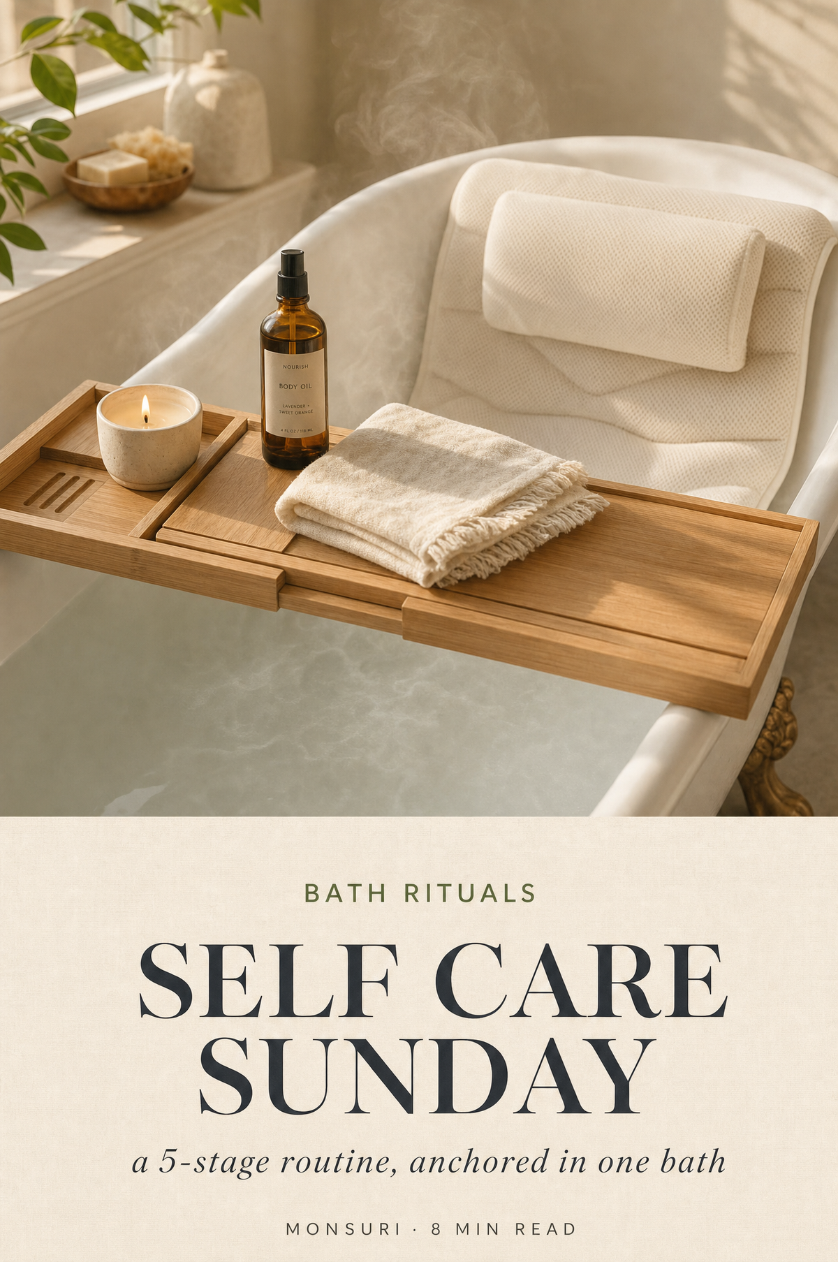 Self-Care Sunday cover — bath tray bridging clawfoot tub with cream bath pillow, lit candle, amber body oil, folded linen towel; editorial 2:3 with BATH RITUALS · SELF CARE SUNDAY · a 5-stage routine, anchored in one bath · MONSURI 8 MIN READ
